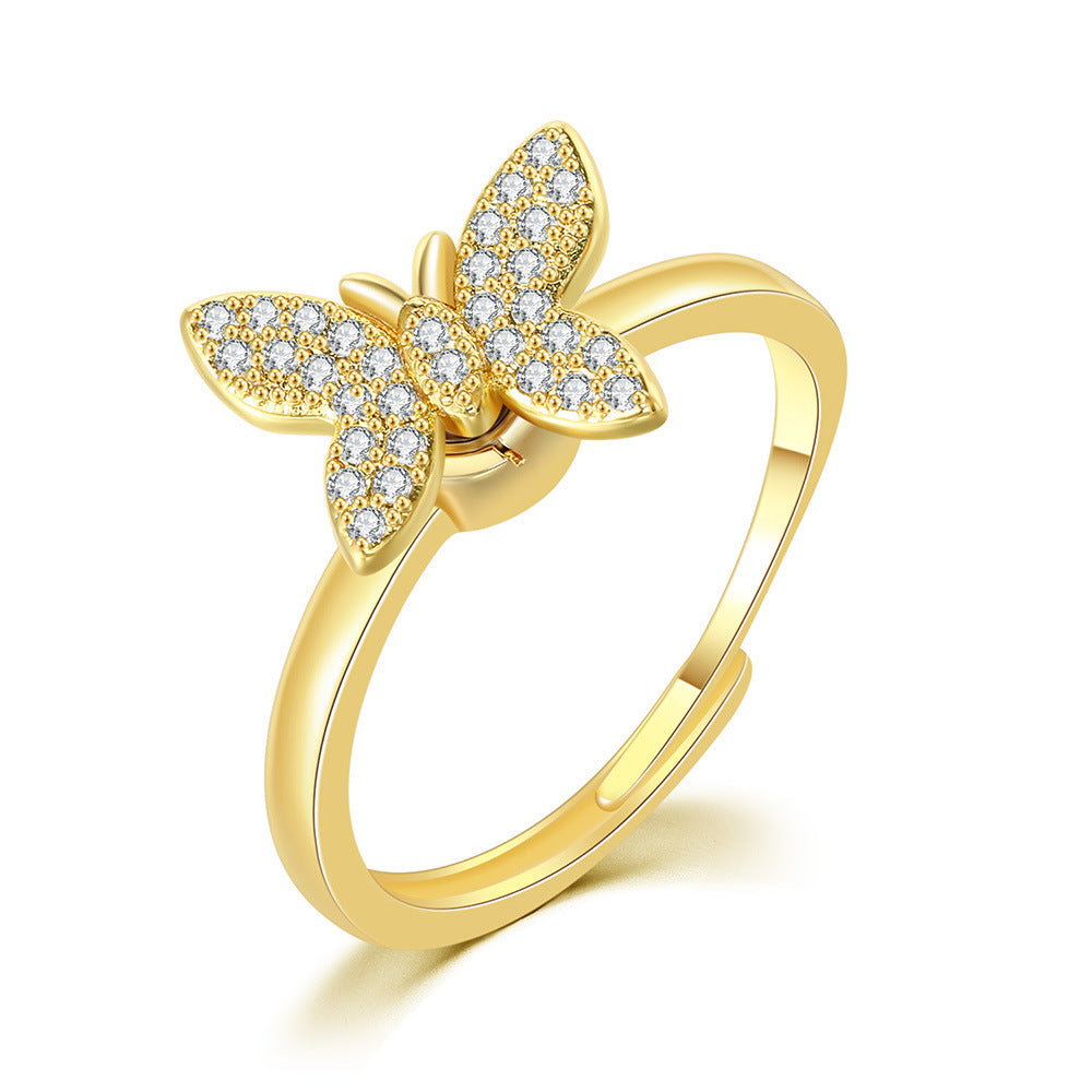 Womens Copper Inlaid Zircon Butterfly Ring Drip Oil Adjustable Opening Trendy Fashion Jewelry Gift for Her Now