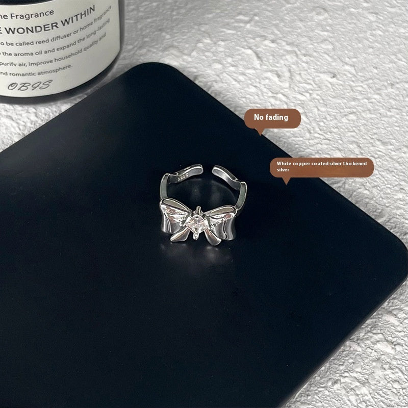 Girls Bow Ring 925 Sterling Silver Zircon Inlaid Adjustable Open Ring Gift For Birthday Everyday Jewelry For Girls