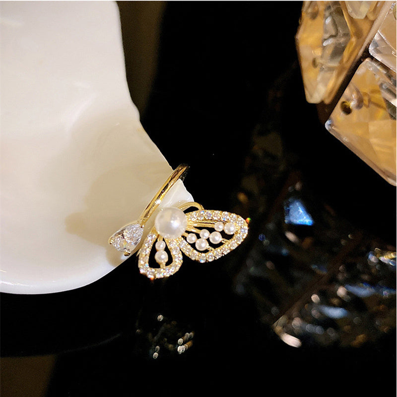 Womens Butterfly Wing Pearl Ring Adjustable Gold Plated Copper Elegant Fashion Jewelry Birthday Gift Gem Stone