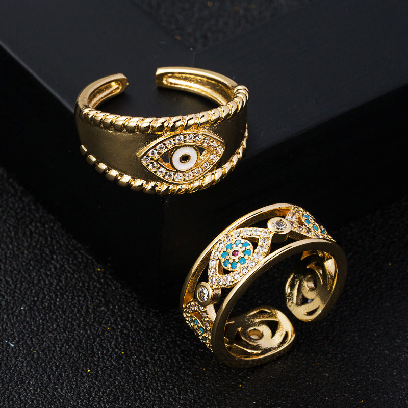 Gold Plated Copper Ring With Zircon Devils Eye Geometric Design For Unisex Fashion Jewelry Accessory Gift Idea