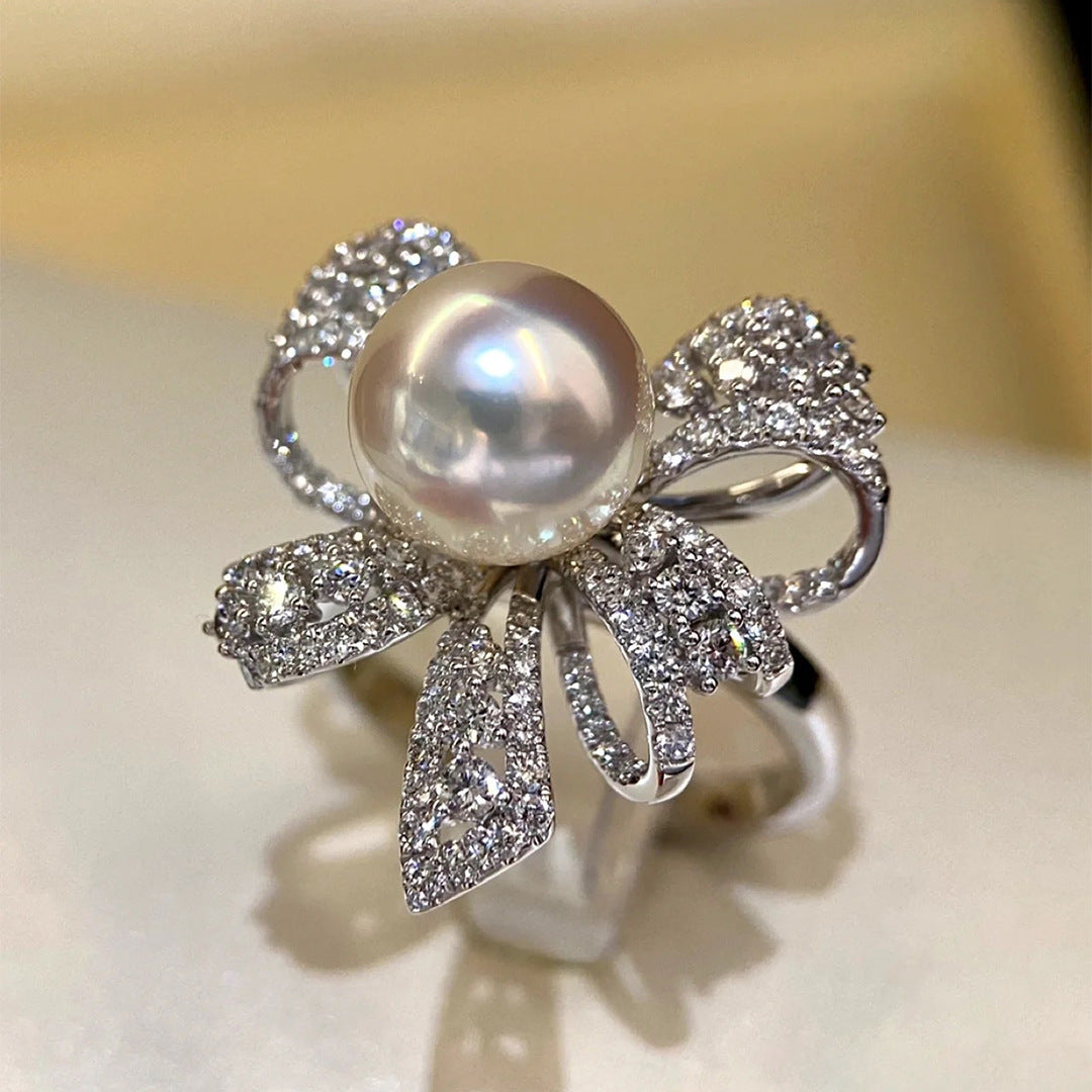 Womens Pearl Bow Ring French Style Elegant Adjustable Opening Copper Fashion Jewelry Trendy Accessory Bow Ring