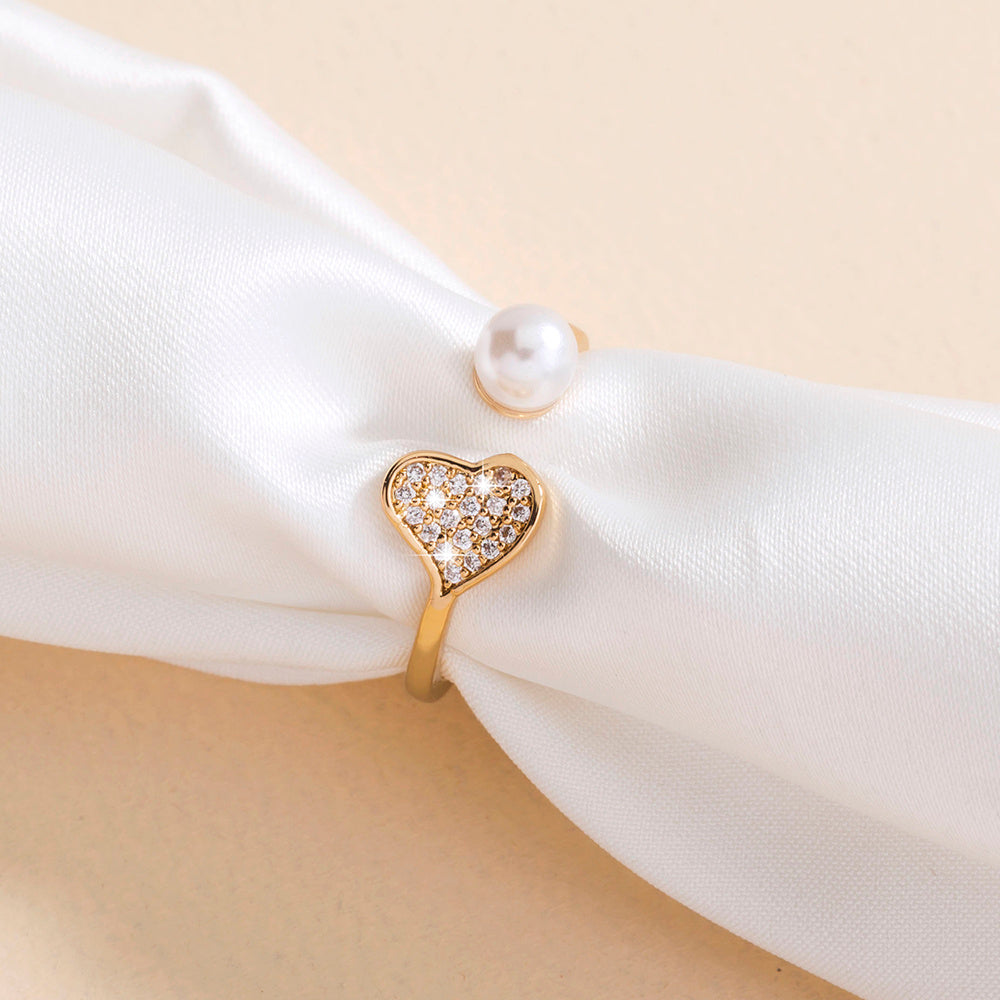 Heart Shaped Ring Adjustable Pearl Diamond Ring Copper Electroplating Pearl Jewelry for Women Girls Anniversary