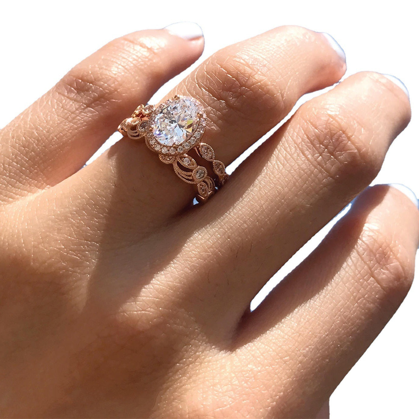 Diamond Zircon Egg Shaped Ring Set For Women In Rose Gold And White Gold Copper Geometric Fashion Jewelry Two Piece Set