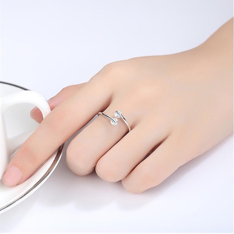 Sterling Silver Ring For Women With Double Diamond Accent Adjustable Opening Korean Fashionable Ring Perfect As A