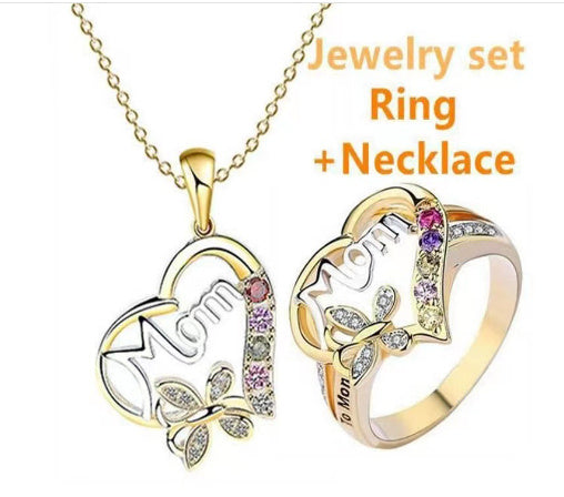 Gold Ring For Women With Rhinestone Butterfly And Heart Design Alloy Jewelry Gift For Mothers Day Elegant Look