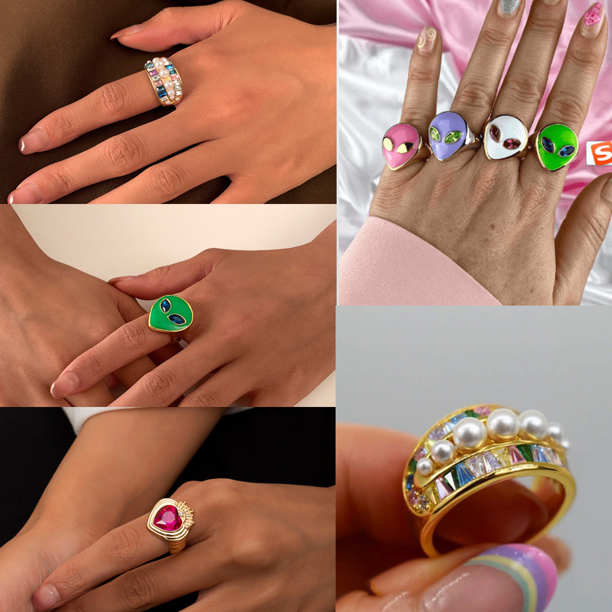 Womens Alloy Flower Ring With Acrylic Gemstones Pearl Rhinestones Inlays Floral Design Statement Jewelry Collection