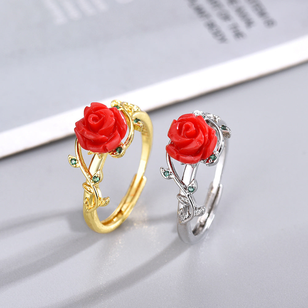 Womens Rose Flower Ring Adjustable Open Copper Ring ElegantRetro Ethnic InspiredRing Electroplated Temperament