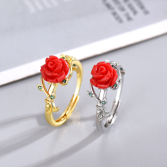 Womens Rose Flower Ring Adjustable Open Copper Ring ElegantRetro Ethnic InspiredRing Electroplated Temperament