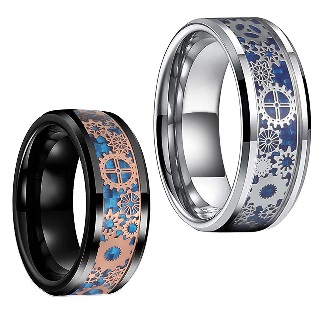 Mens Tungsten Ring With Blue Carbon Fiber Inlay And Gear Design Polished Metal Band Geometric Mesh 8mm For Men