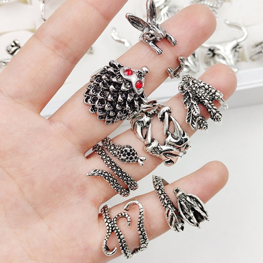 Womens Fashion Rings Set Retro Punkish Gothic Snake Dragon Animal Design Adjustable Alloy Rings Silver Jewelry