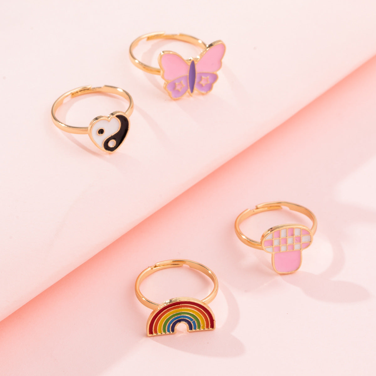 Womens Opening Ring Adjustable Alloy Ring With Cartoon Animal Design Rainbows Peach Hearts Butterfly Mushrooms