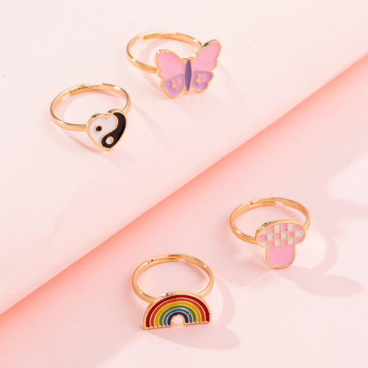 Womens Opening Ring Adjustable Alloy Ring With Cartoon Animal Design Rainbows Peach Hearts Butterfly Mushrooms