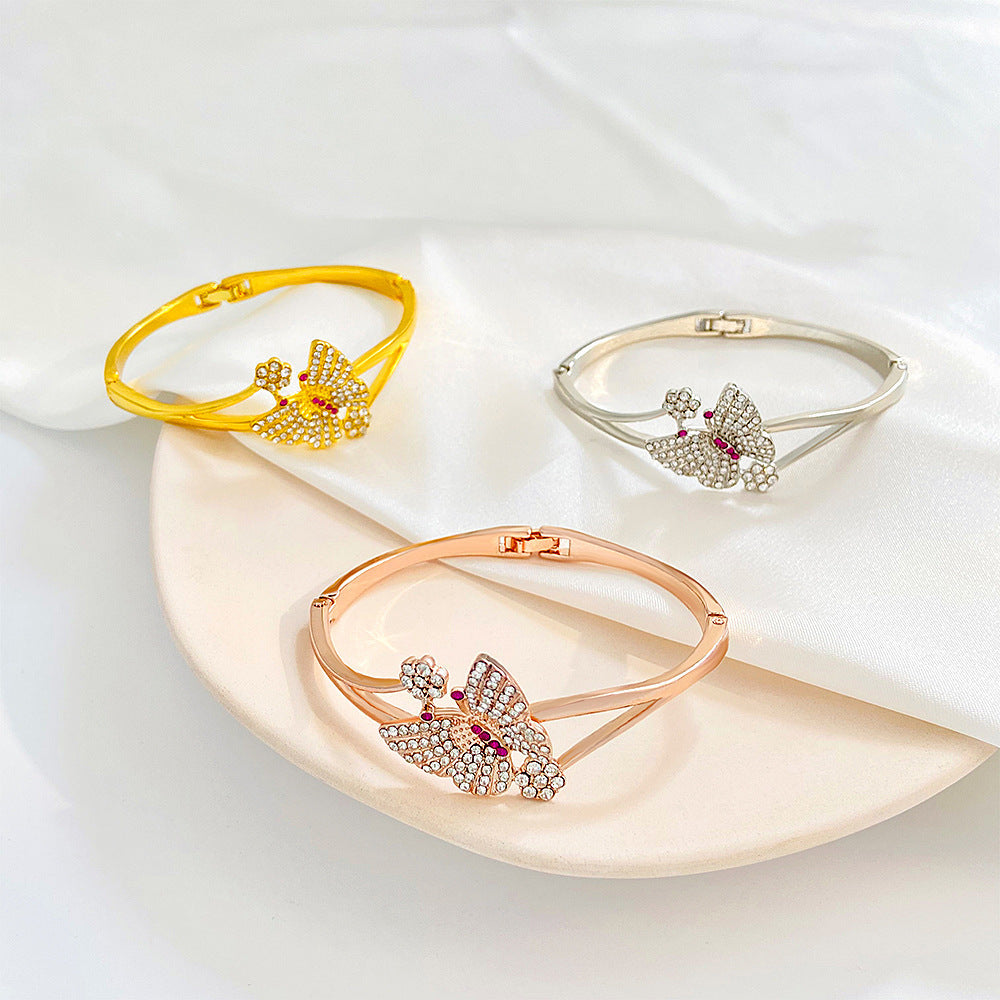 Womens Diamond Butterfly Bracelet Alloy Inlaid Diamond Design Fashion Jewelry Silver Gold Rose Gold Collection
