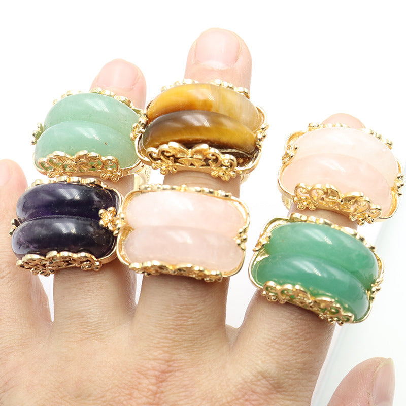 Natural Raw Gemstone Ring Copper Carving U Shaped Setting Pink Crystal Amethyst Green Aventurine Tiger Eye Stone