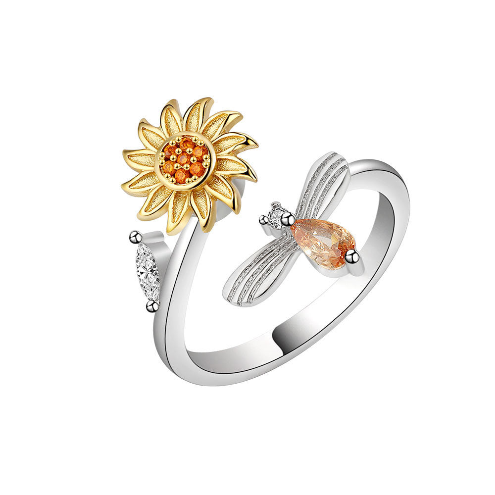 Rotating Sunflower Geometric Silver Ring Electroplated