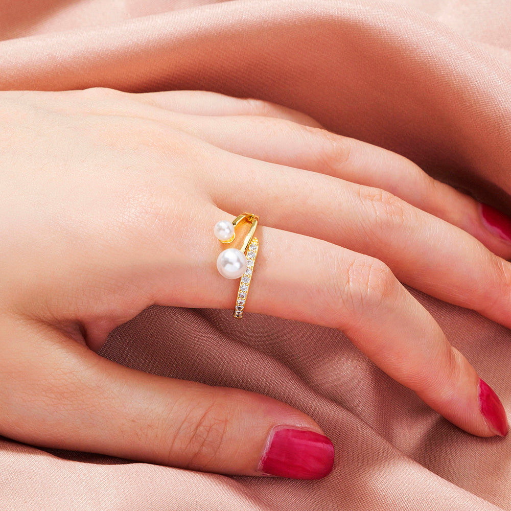 Adjustable Gold Ring With Diamond Zircon Pearl Design
