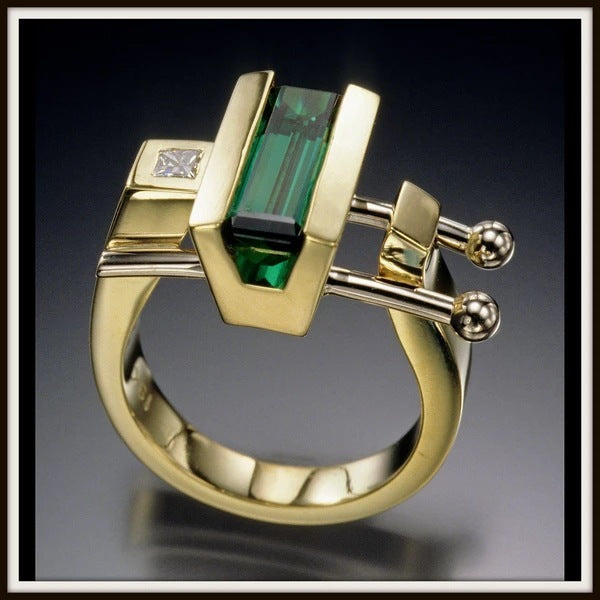 Womens Floral Ring Green Gemstones Gold Plated Alloy