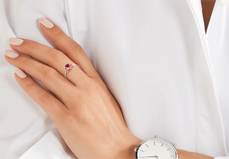 Round Candy Six Claw Pomegranate Red Simulated Gemstone Ring For Women Fashion Jewelry Elegant Vintage Style Sparkle