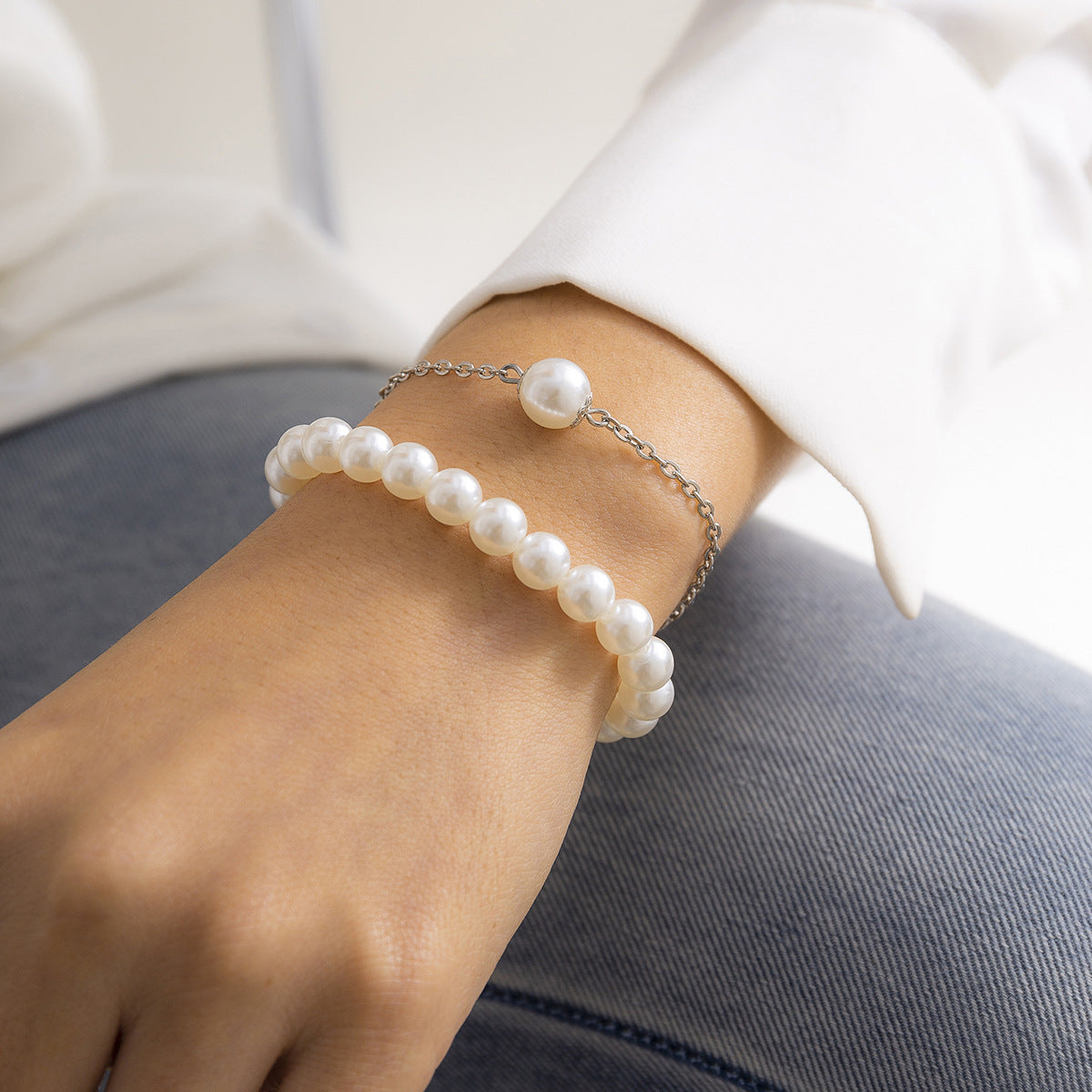 Womens Pearl Bracelet Set Geometric Two Piece Hand Jewelry Gift For Her European Elegant Gift For Pearl Charms