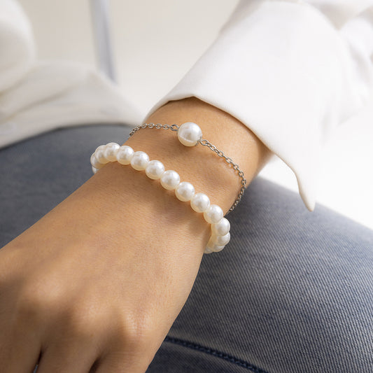 Womens Pearl Bracelet Set Geometric Two Piece Hand Jewelry Gift For Her European Elegant Gift For Pearl Charms