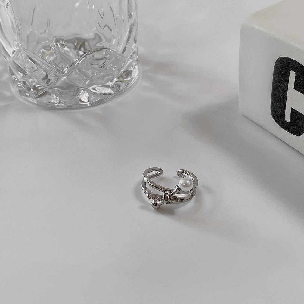 Copper Adjustable Open Ring With Geometric Design Pearl Elements Electroplated Fashion Jewelry For Women Shines