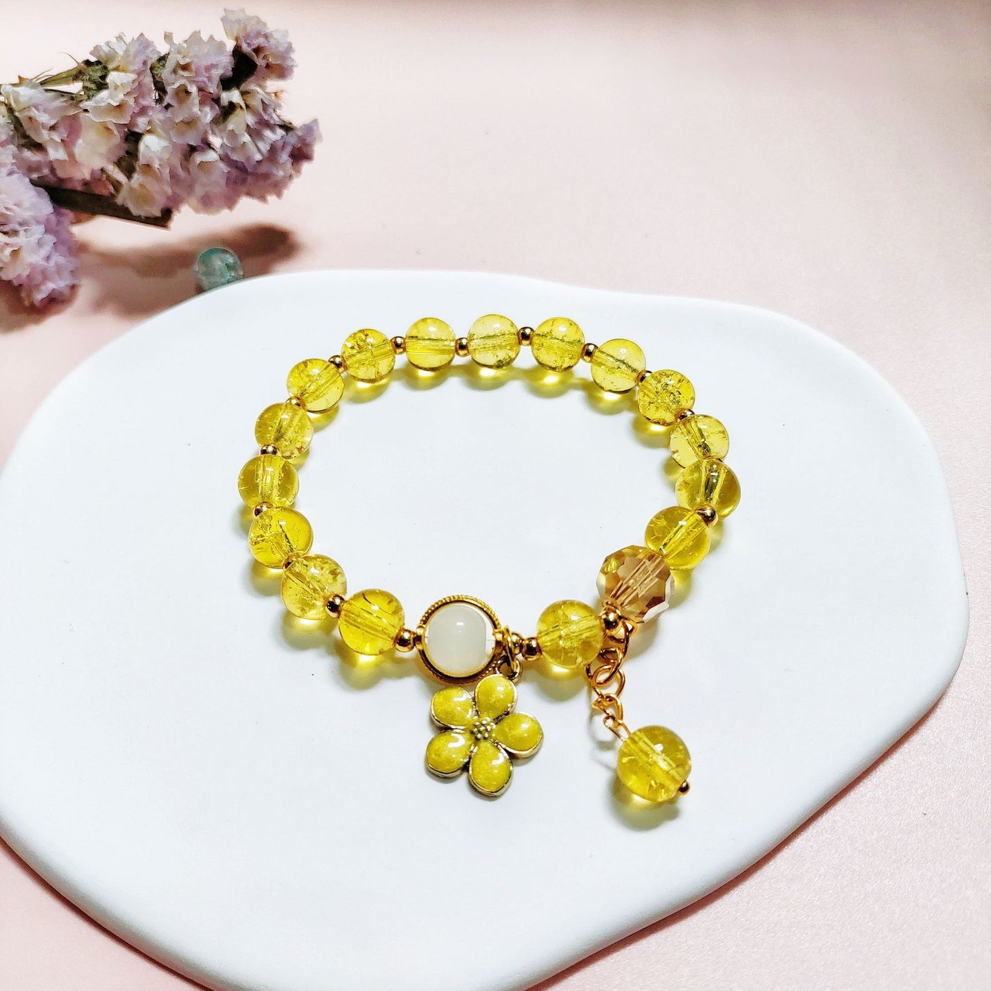 Unisex Glass Flower Bracelet With Tassel Beaded Accent Floral Design Cute Fun Jewelry Travel Keepsake For Everyday Use