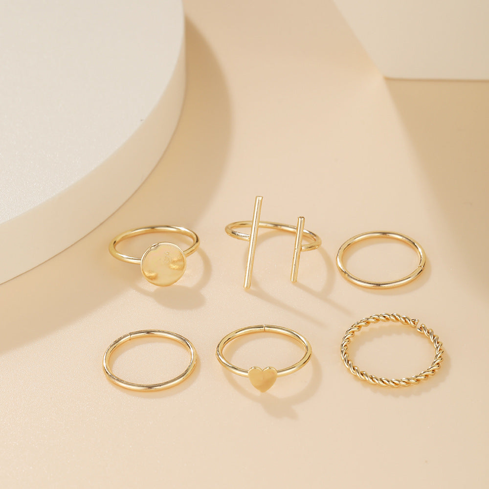 Golden Alloy Ring Set With Love Bear Rhinestones Retro Simple European American Electroplated Jewelry 6 Pieces