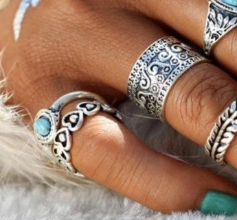 Turquoise 10 Piece Set Joint Combination Ring Inlaid Gem Antique Silver Female Couple Style Cloud Pattern Ring