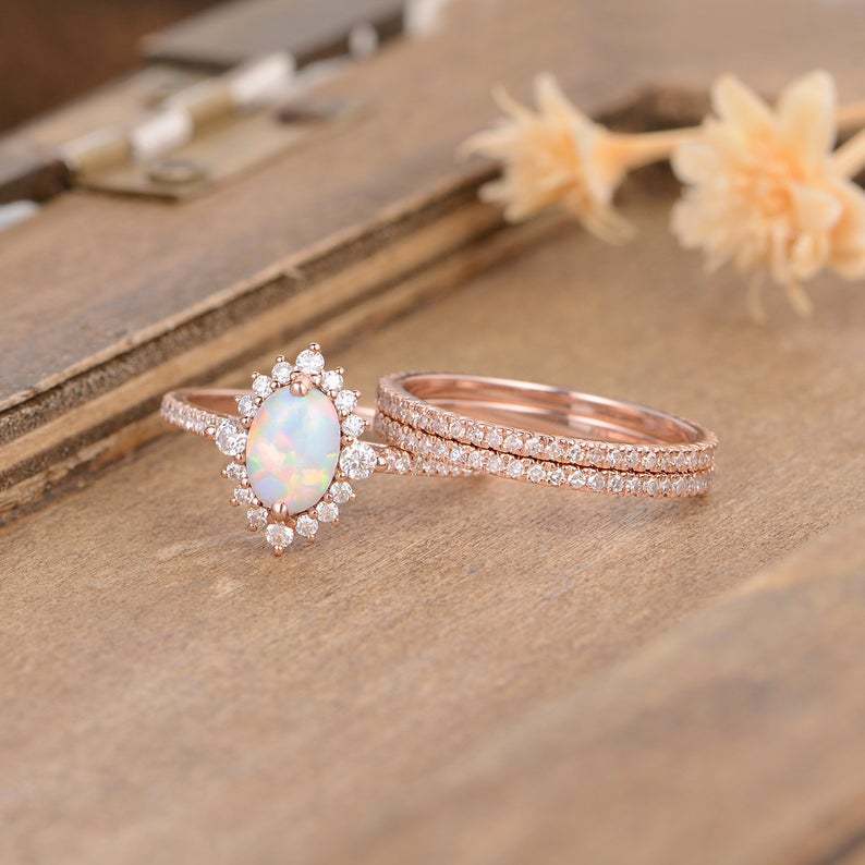 Rose Gold Three Piece Ring Set Opal Zircon Lace Inlaid Jewelry For Engagement Wedding Anniversary Gift Elegant Now