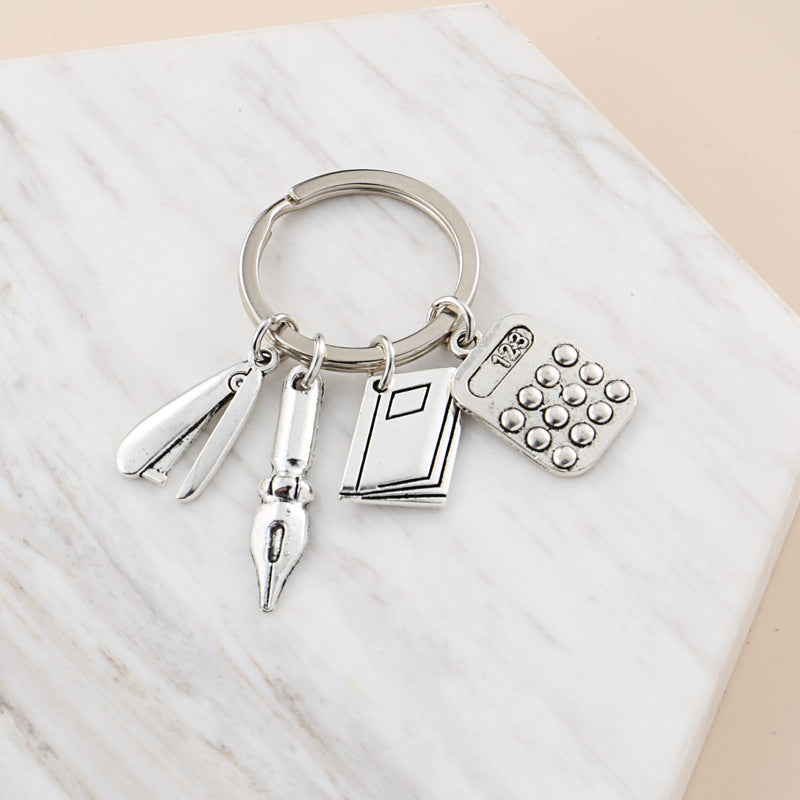 Multifunctional Keychain Tool With Compass Triangle Ruler Calculator Tape Measure Alloy Key Ring Accessories A