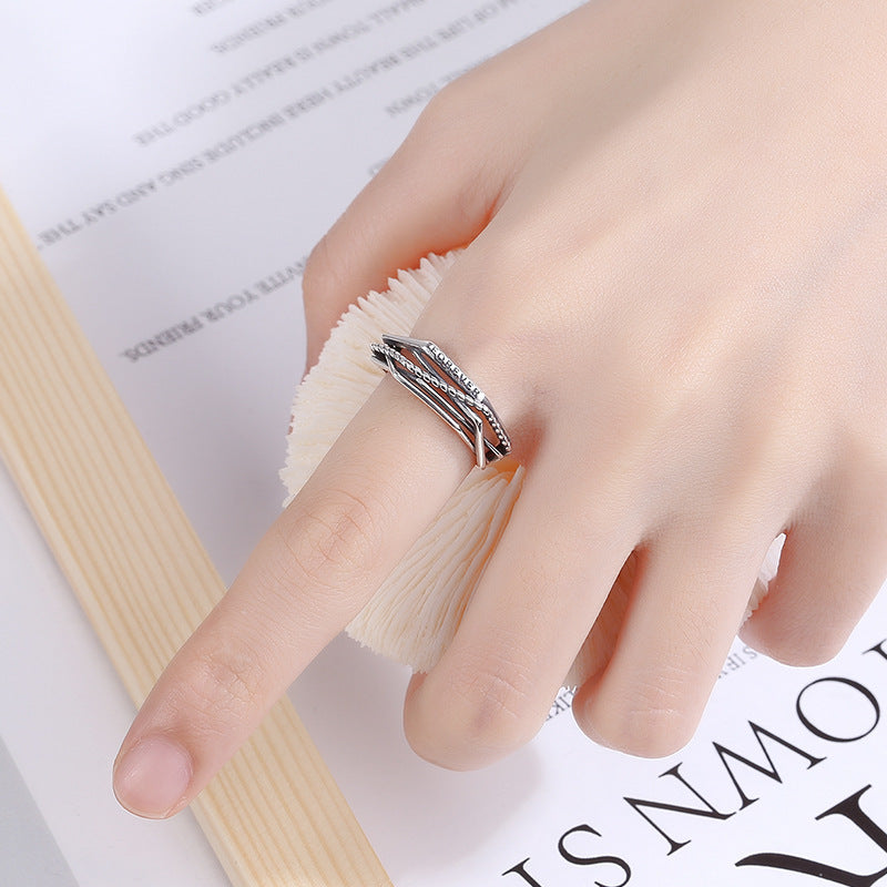 Sterling Silver Ring Irregular Line Cross Design Adjustable Opening Unisex Band Minimalist Jewelry Individually