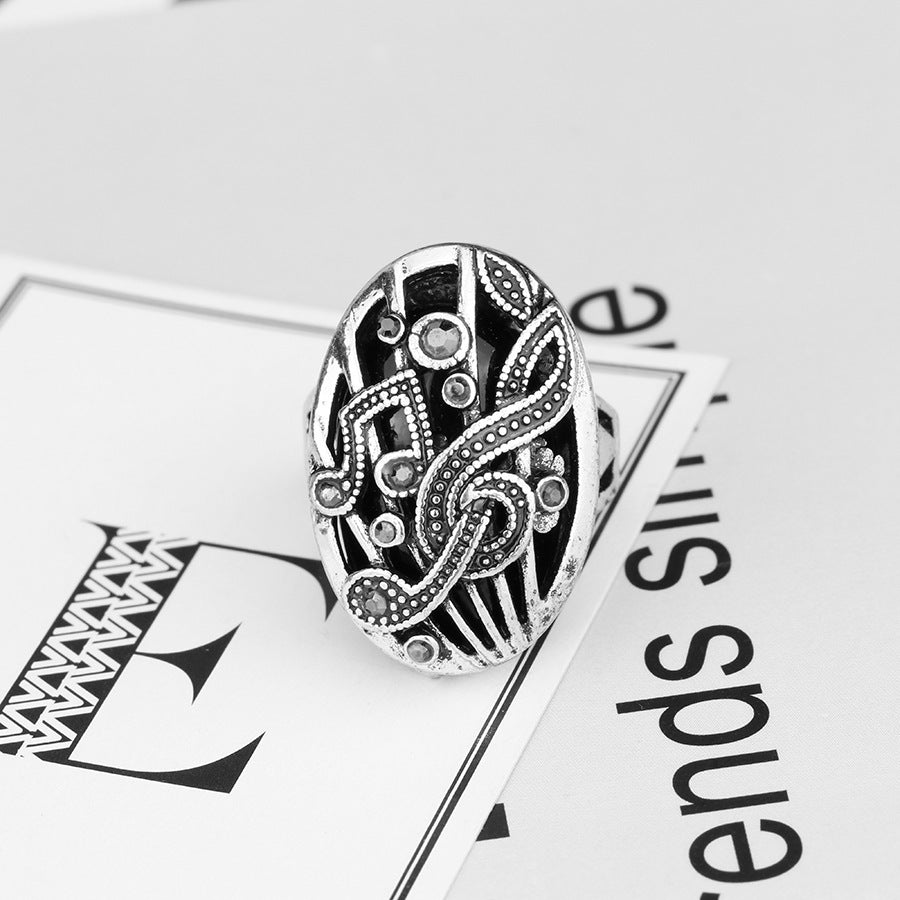 Unisex Music Symbol Ring Retro Hollow Carved Alloy Inlay Gemstone Wave Ring European American Birthday Gift Idea