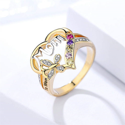 Gold Ring For Women With Rhinestone Butterfly And Heart Design Alloy Jewelry Gift For Mothers Day Elegant Look