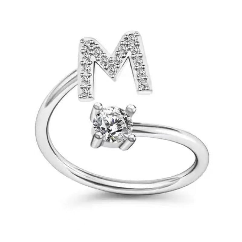 Women's Initial Alphabet Zircon Ring Open Mouth Adjustable Design A to Z Letter Jewelry Gift for Her Gifts for Her