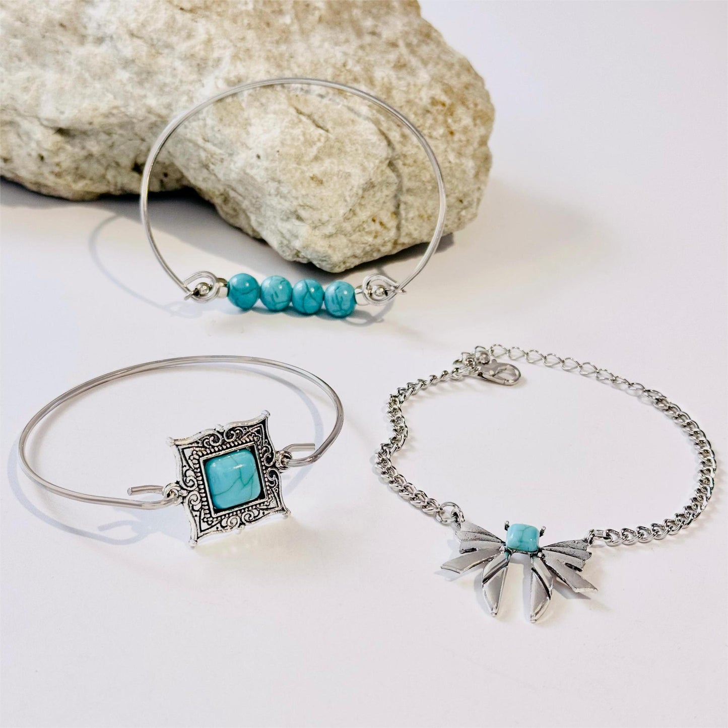 Womens Bracelet Set Electroplated Alloy Fashion Jewelry Collection Turquoise Leaf And Bow Geometric Design Hand Jewelry