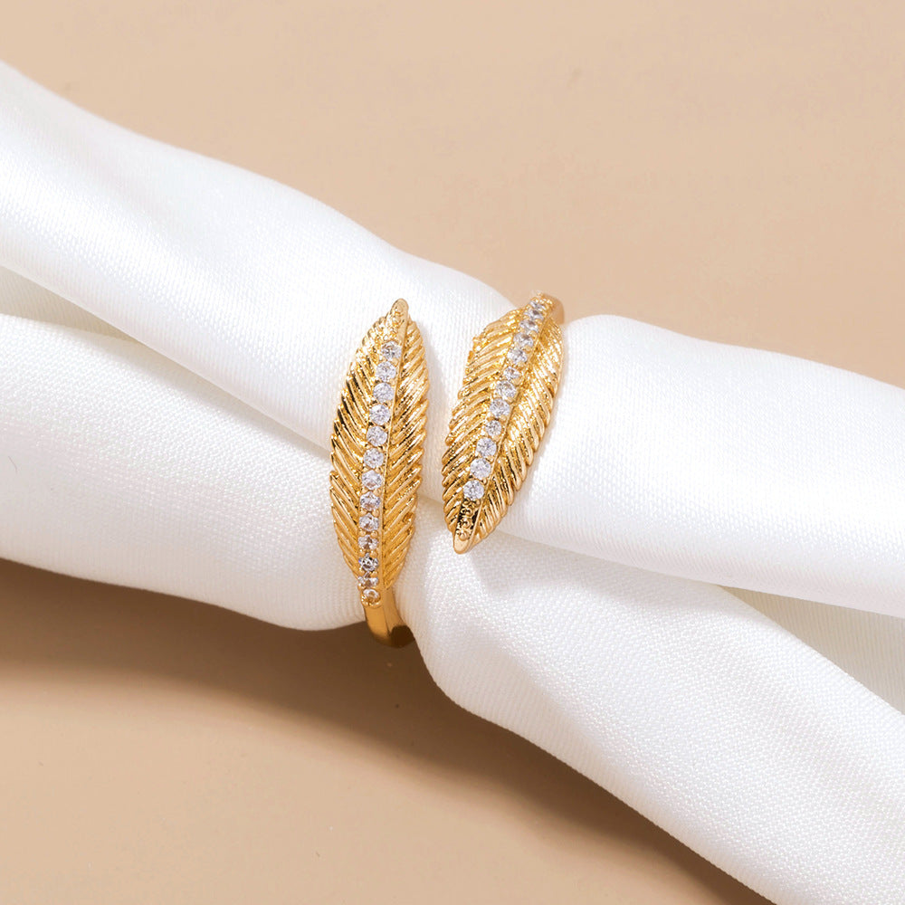 Adjustable Copper Zircon Leaf Ring With Feather Detailing