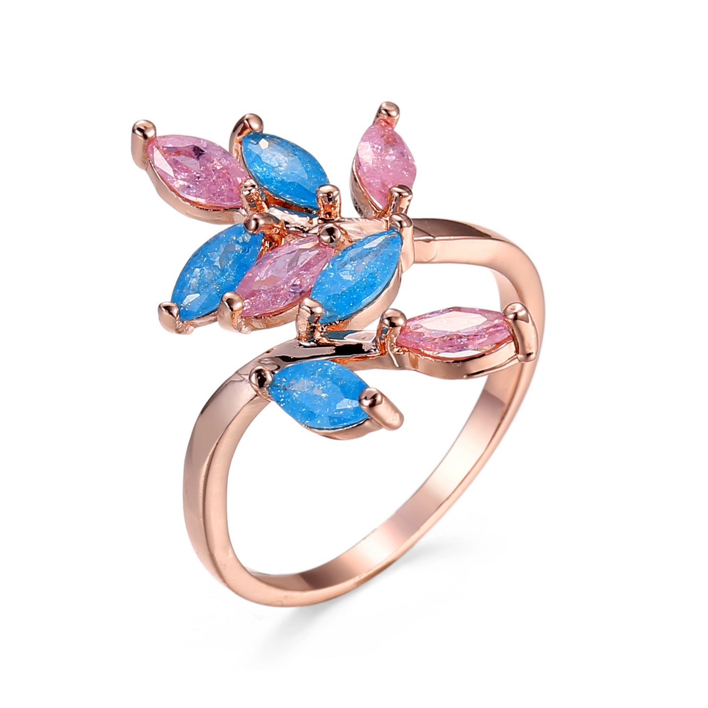 Women Rose Gold Plated Zircon Ring Adjustable Ice Flower Design Pink Blue Gemstone Jewelry Gift An Elegant Gift Idea