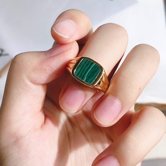 Womens Green Malachite Ring Brass Gold European Retro Design Statement Jewellery For Women Party Fashion Rings