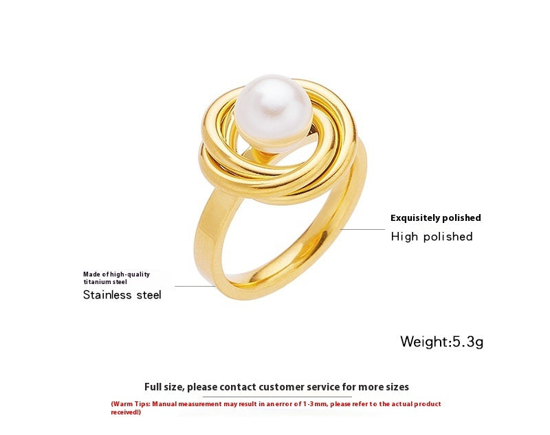 Geometric Freshwater Pearl Ring in Gold Tone Titanium Steel for Women Hypoallergenic Elegant Fashion Accessory