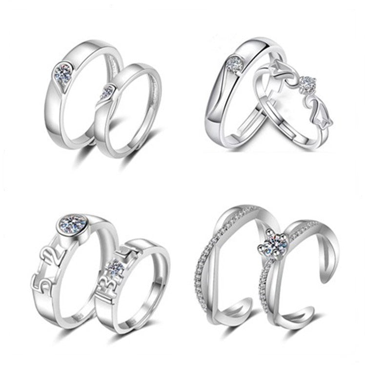 Women Adjustable Open Ring Heart Bow Wave Design Copper Electroplated Micro Zircon Inlaid Anniversary Couple Ring