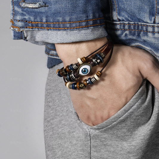 Mens Ethnic Leather Beaded Bracelet Geometric Design Gift