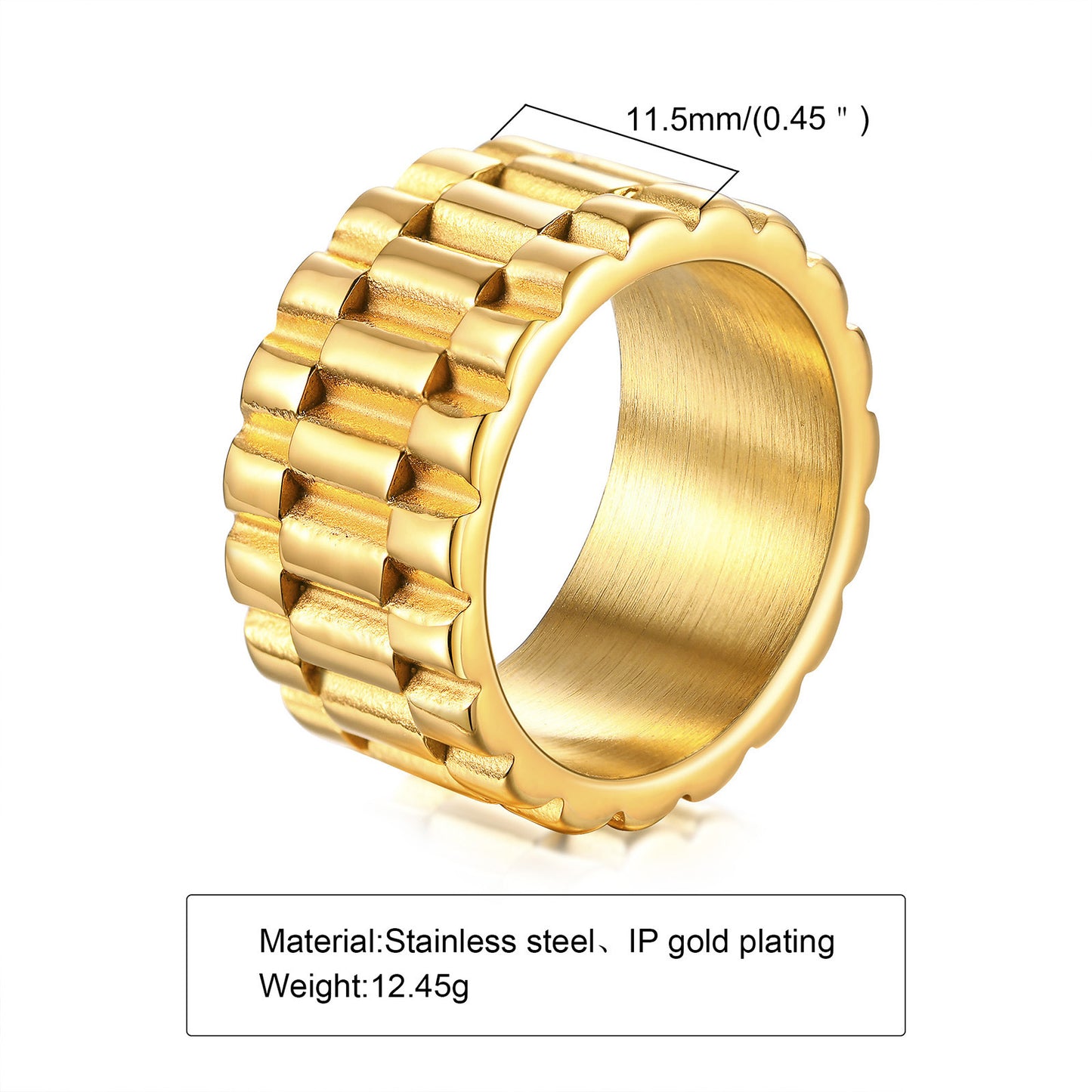 Stainless Steel Strap Ring Gold Tone Unisex Wide Band Hip Hop Jewelry Ring Sizes 7 8 9 10 11 12 Durable Comfort