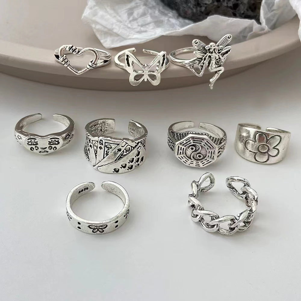 Vintage Knuckle Ring Set 9 Piece Unisex Punk Bohemian Metal Rings Crying Face Hollow Heart Butterfly Gift Pack