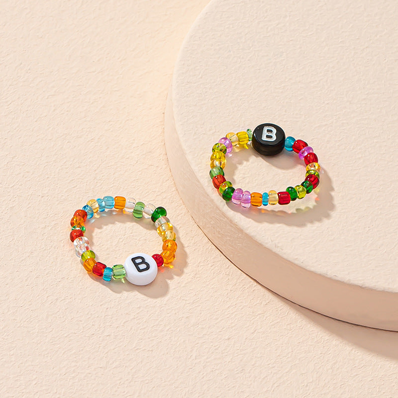 Beaded Letter Initial Ring For Ladies And Men Resin Alphabet Trendy Korean Geometric Ethnic Retro Jewelry Gift
