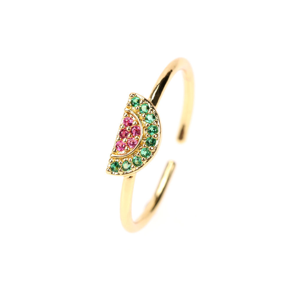 Fruit Zircon Copper Ring for Women Cute Design with Apple Watermelon Cherry Strawberry Grape Pineapple Peach Pine