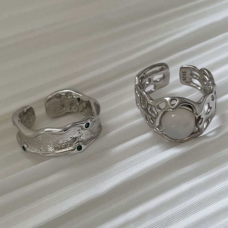 Thai Silver Plated Geometric Ring Irregular Design Fashion Jewelry Alloy Inlaid Gemstone Accent RingSet Korean