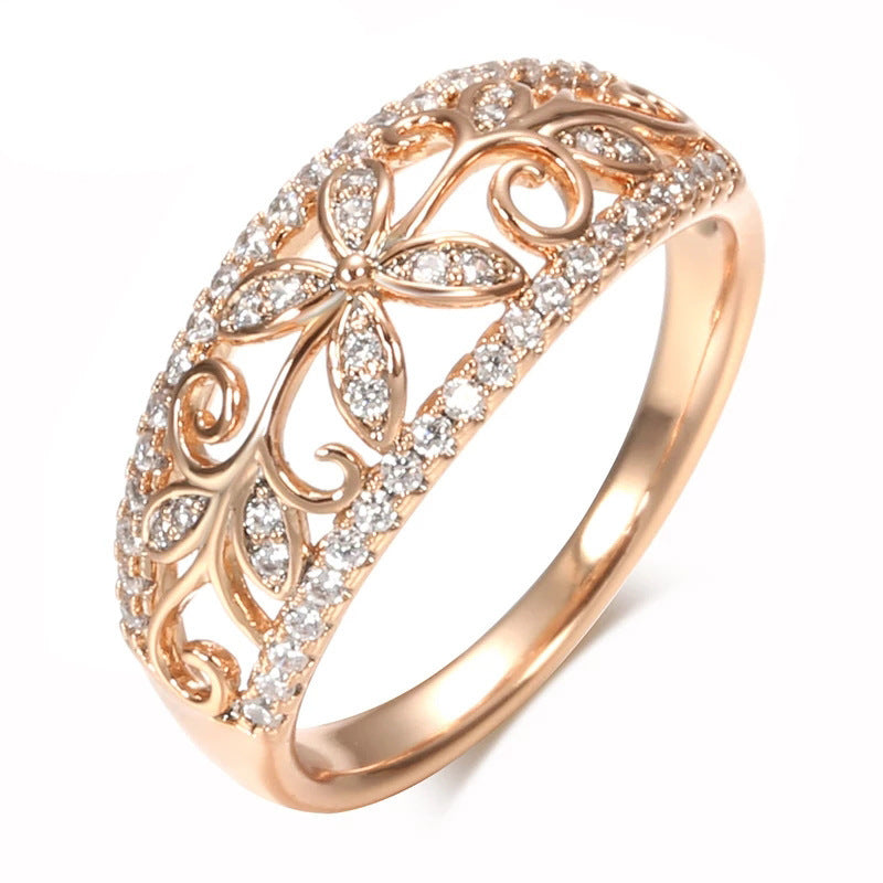Womens Gold Plated Copper Ring With Sparkling Crystal Flower Design Elegant Fashion Jewelry Gift For Her Always