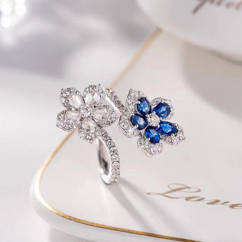 Copper Ring For Women With Colorful Sapphire Double Flower Design Fashion Jewelry Natural Look Elegant Accents