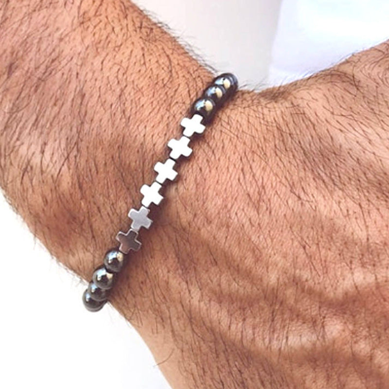 Mens Beaded Bracelet Handmade With European Geometric Stone Charm And Bright Black Zircon Matte Imperial Tiger