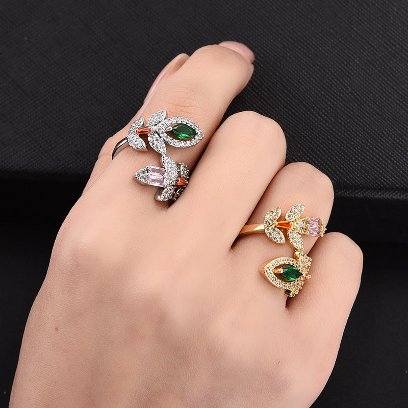 Womens Adjustable Open Ring Copper Leaf Design With Zircon Inlays Gold Plated Finish Everyday Styles For Women